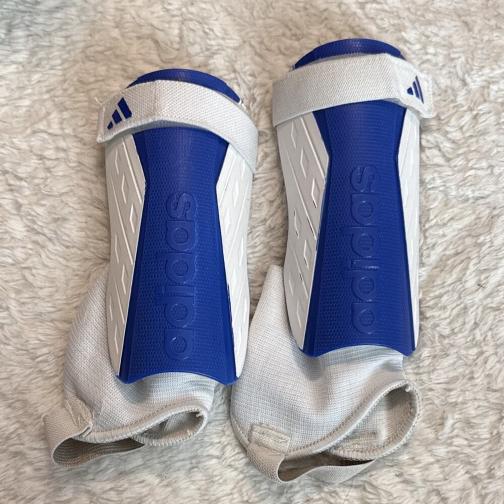 adidas Blue White Soccer Shin Guards Adjustable Padded Hard Shell Foam Set of 2